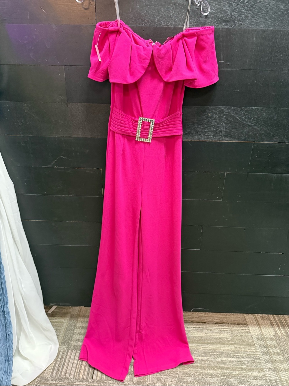 Off-Shoulder Fuchsia Jumpsuit with Rhinestone Buckle
